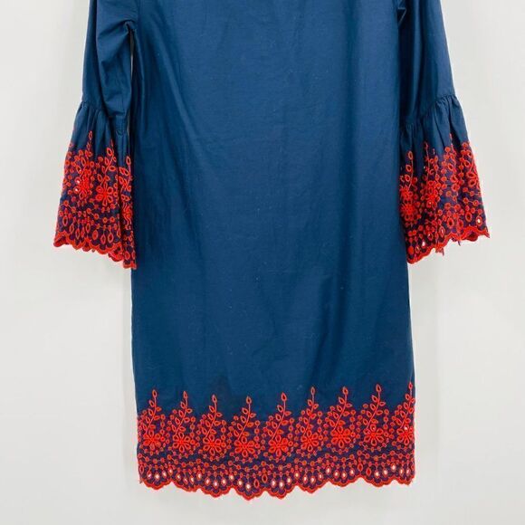 J. Crew Size XS Navy Blue & Red Eyelet Bell Sleeve Shift Dress - Picture 9 of 10